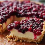 Slice of cranberry cheesecake pie with a graham cracker crust and cranberry topping.