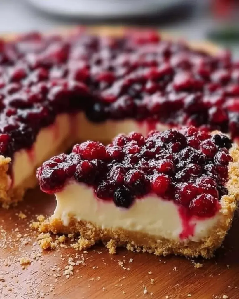 Slice of cranberry cheesecake pie with a graham cracker crust and cranberry topping.
