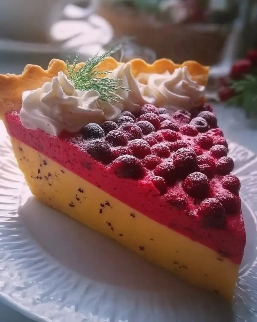 Slice of cranberry custard pie topped with whipped cream on a rustic table