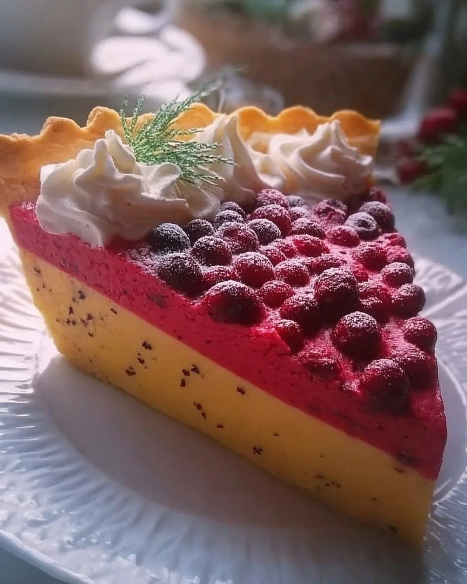 Slice of cranberry custard pie topped with whipped cream on a rustic table