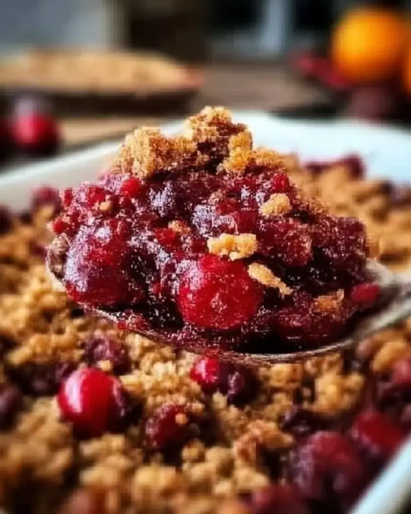 Delicious Cranberry Orange Pecan Crisp dessert topped with crunchy pecans