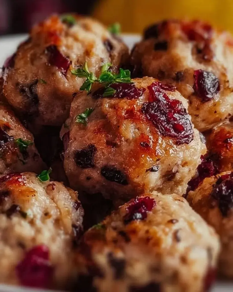 Cranberry Turkey Stuffing Balls served on a festive platter