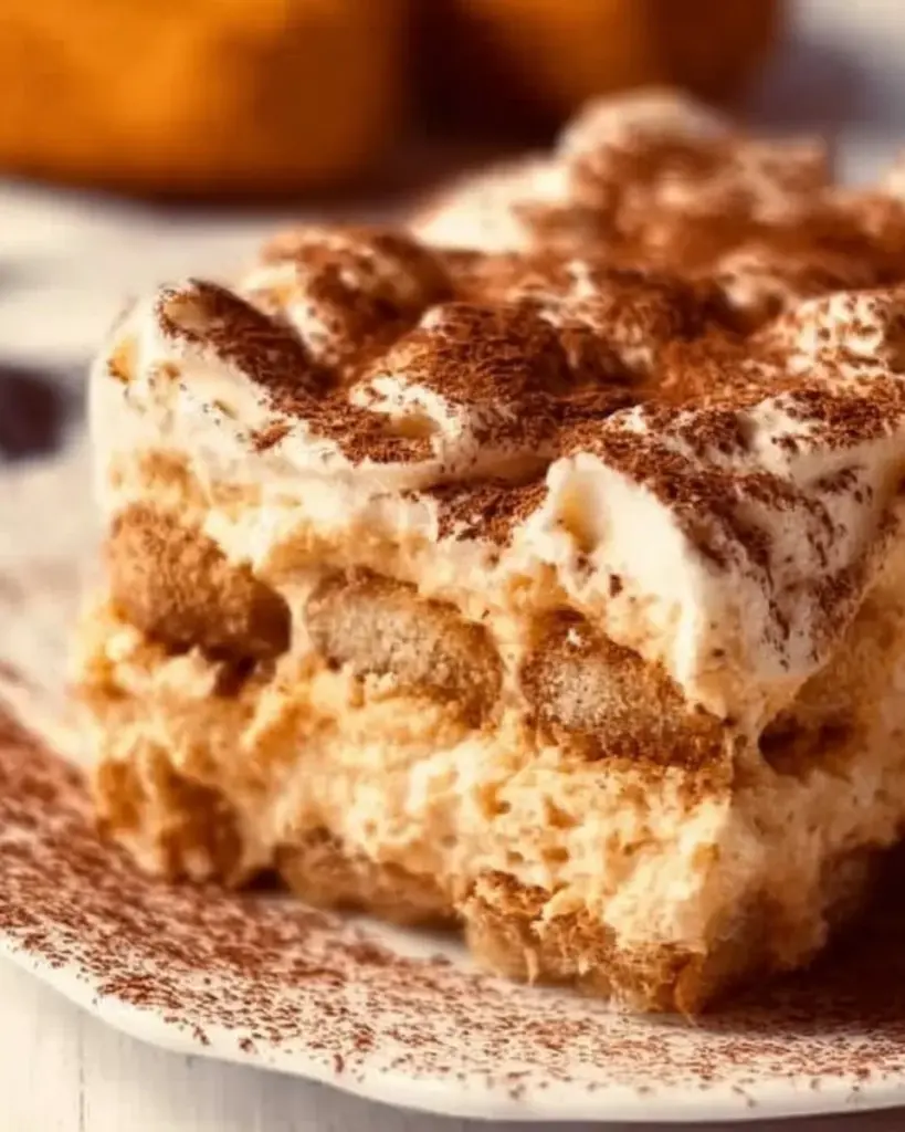 Creamy pumpkin tiramisu dessert layered with pumpkin spice and mascarpone.
