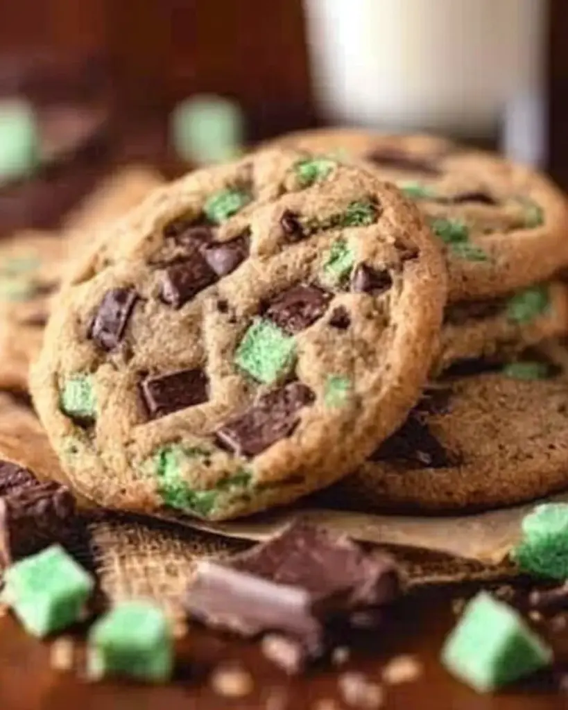 Delicious mint chocolate chip cookies on a plate, ready to be enjoyed.