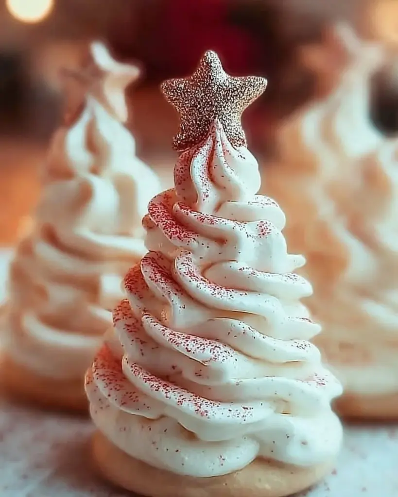 Delightful meringue Christmas tree cookies decorated for the holidays