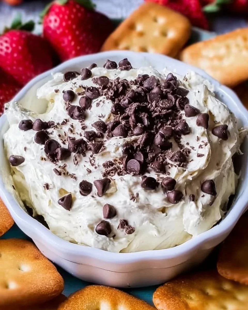 Delicious easy cannoli dip served in a bowl with a sprinkle of chocolate chips.