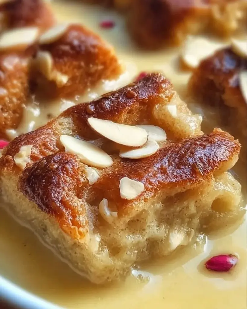 Delicious homemade Eggnog Bread Pudding topped with whipped cream and spices