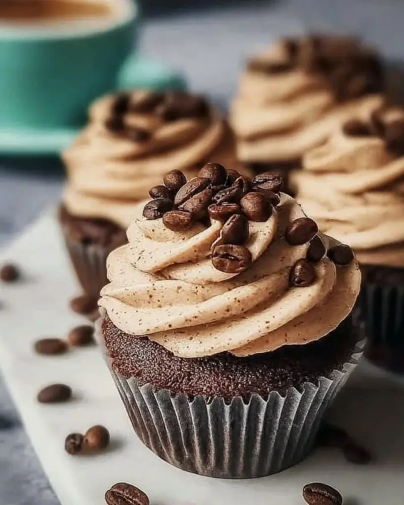 Delicious espresso cupcakes with a rich espresso frosting on top.