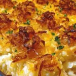 Delicious serving of French onion funeral potatoes in a baking dish.