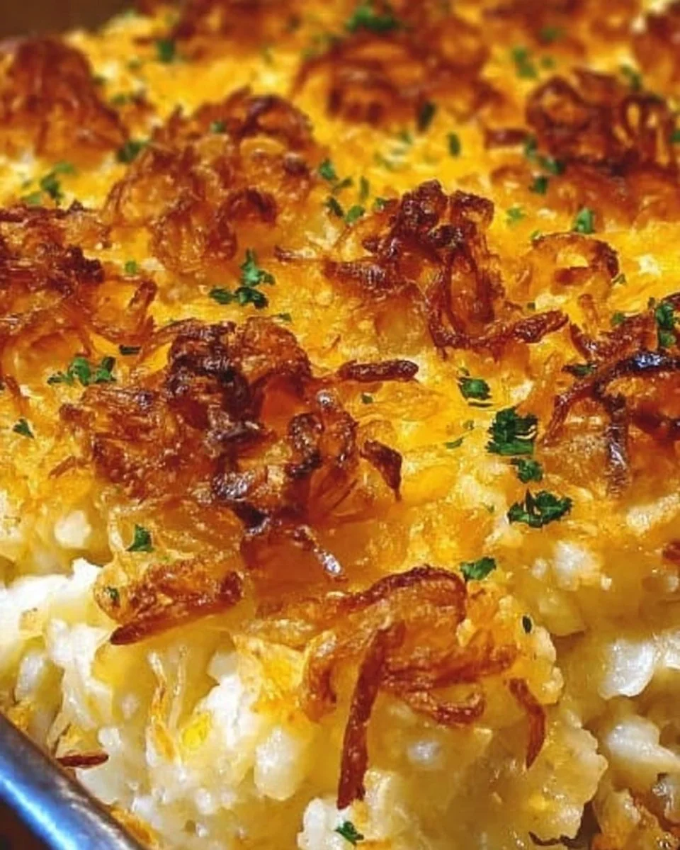 Delicious serving of French onion funeral potatoes in a baking dish.