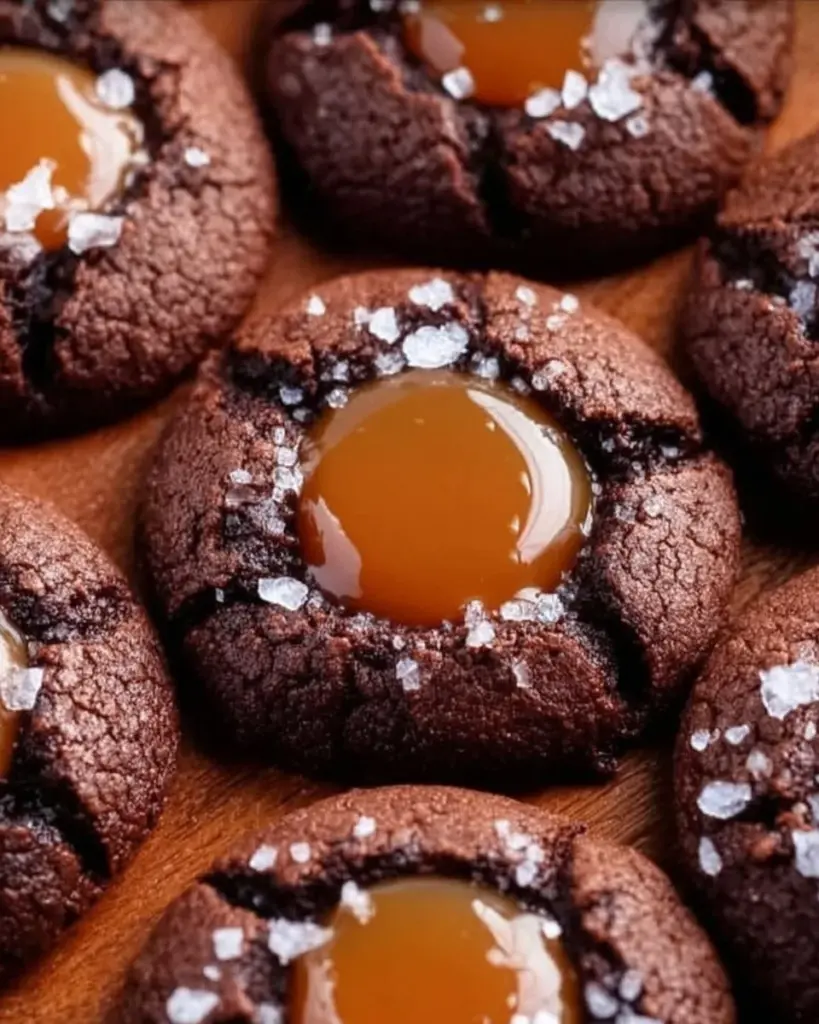 Fudgy chocolate thumbprint cookies filled with salted caramel.