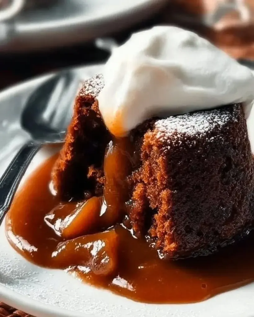 Delicious gingerbread pudding cake served with whipped cream
