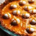 Delicious slice of Honey Carrot Pie topped with honey and garnished with carrots.