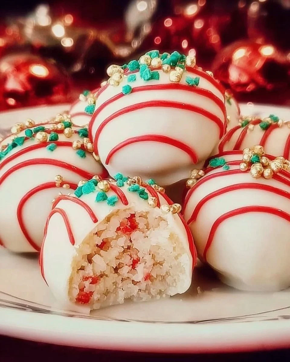Plate of Little Debbie Christmas Tree Cake Balls decorated for the holidays