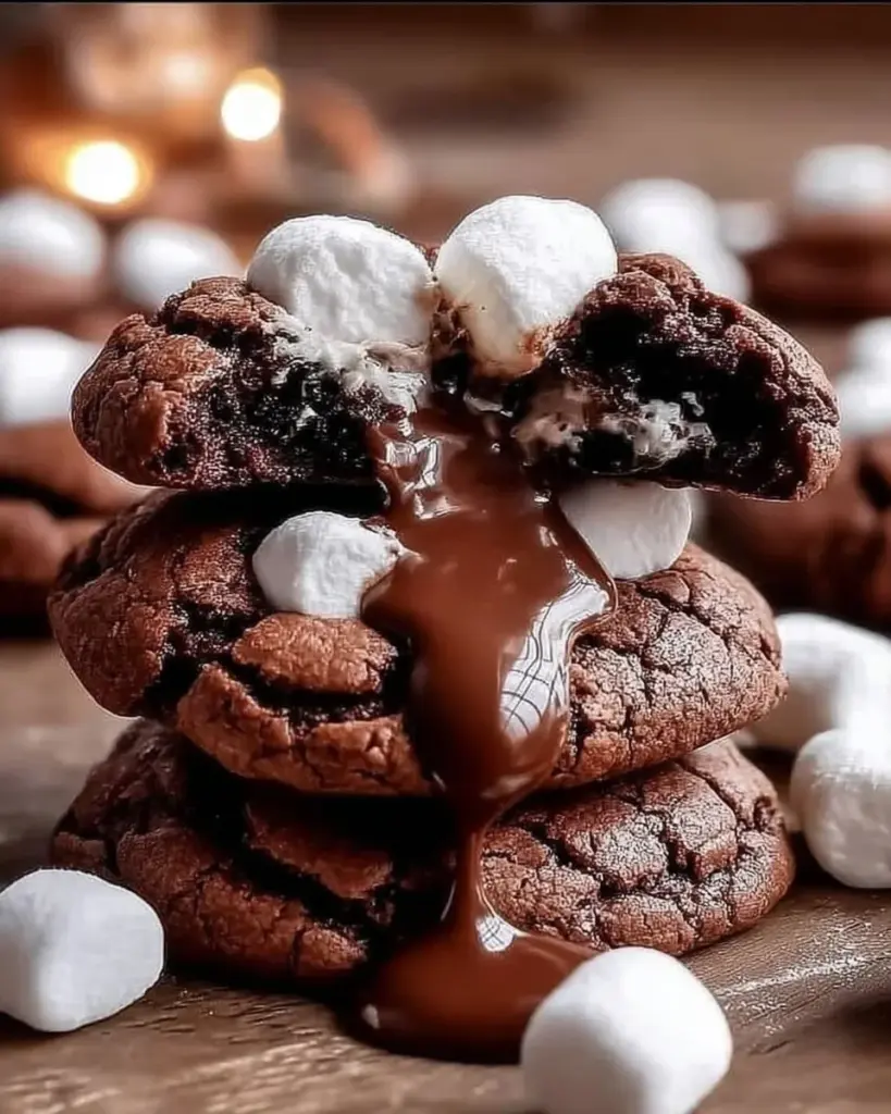 Marshmallow Hot Cocoa Surprise Cookies with melted chocolate and marshmallows