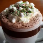 A steaming cup of mint hot chocolate topped with whipped cream and mint leaves.