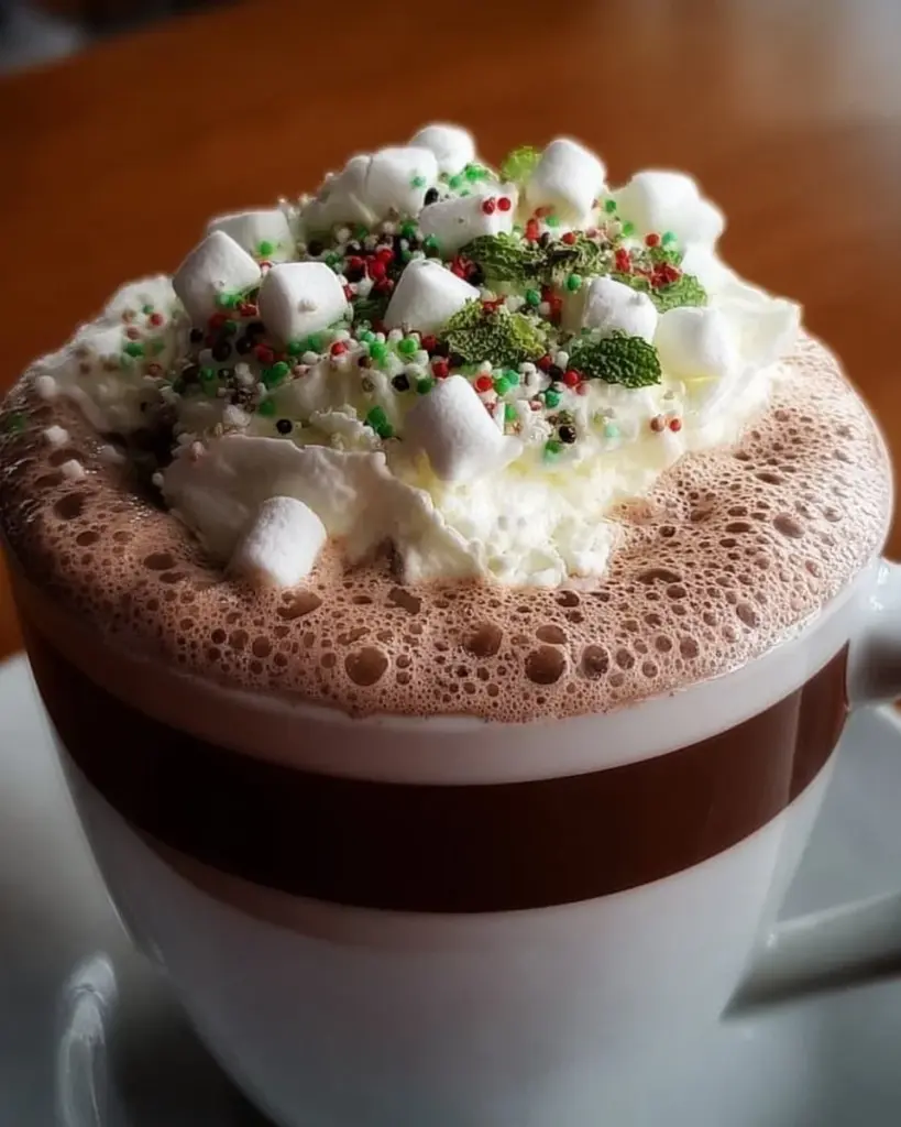 A steaming cup of mint hot chocolate topped with whipped cream and mint leaves.