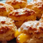 Homemade Peach Butter Swim Biscuits on a plate, garnished with fresh peach slices.