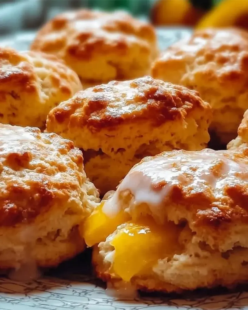 Homemade Peach Butter Swim Biscuits on a plate, garnished with fresh peach slices.