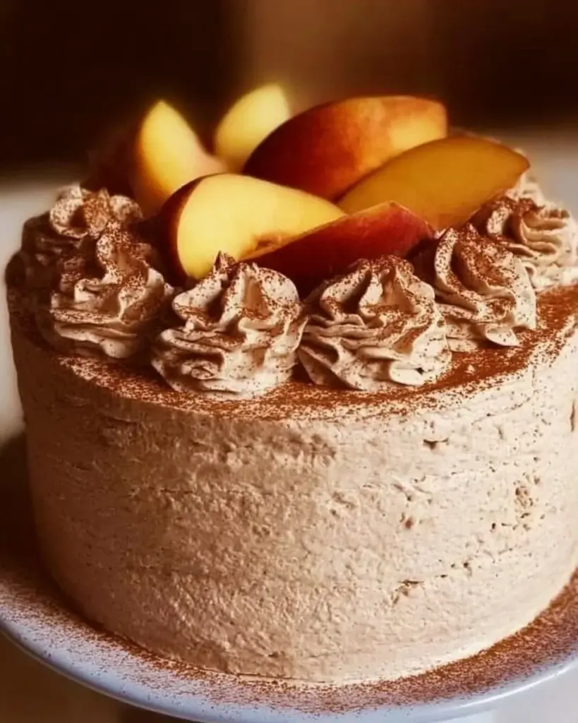 Peach Cake with Brown Sugar Frosting beautifully displayed on a plate