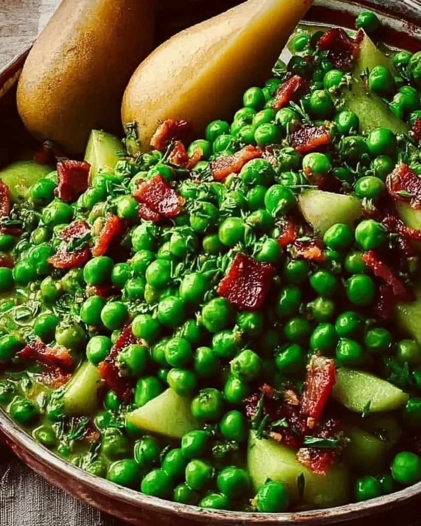 Dish of peas with pancetta and pears, showcasing vibrant colors and textures.