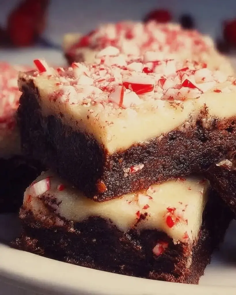 Delicious peppermint bark brownies topped with crushed candy canes.