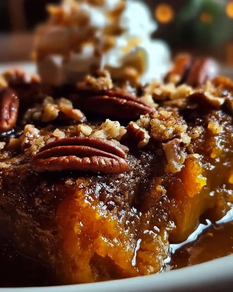 Delicious Pumpkin Pecan Cobbler topped with pecans and served in a baking dish.
