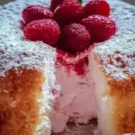 Raspberry Angel Food Cake topped with fresh raspberries and whipped cream