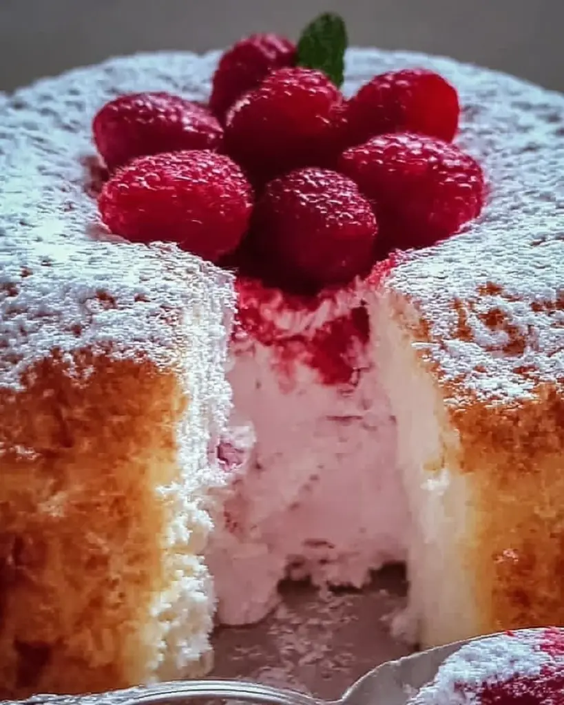 Raspberry Angel Food Cake topped with fresh raspberries and whipped cream