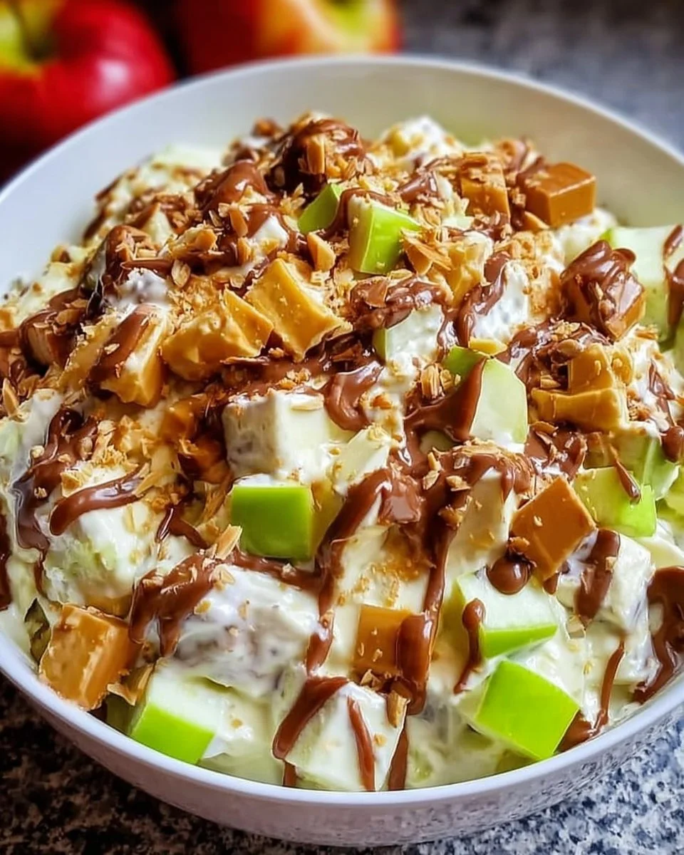 Delicious Snickers Apple Salad with apples, caramel, and Snickers bars.