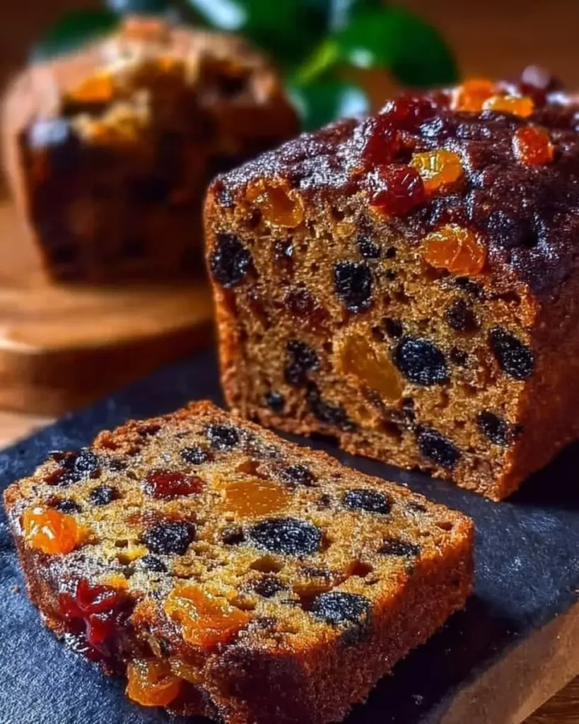 Delicious homemade spiced fruit cake topped with nuts and dried fruits