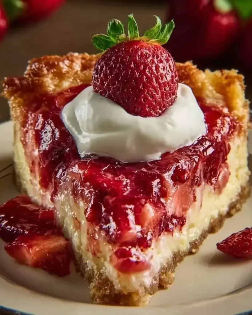 Delicious strawberry cheesecake dump cake served on a plate