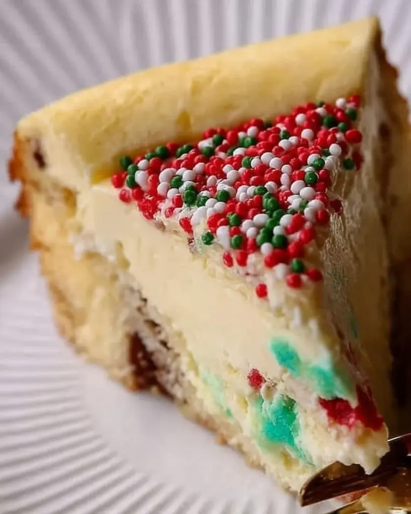 Delicious sugar cookie cheesecake slice served on a dessert plate