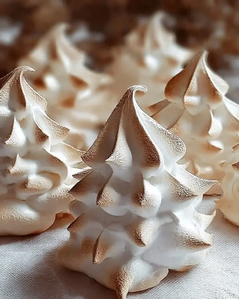 Baked Tree Meringue Cookies shaped like Christmas trees, perfect for holiday celebrations.
