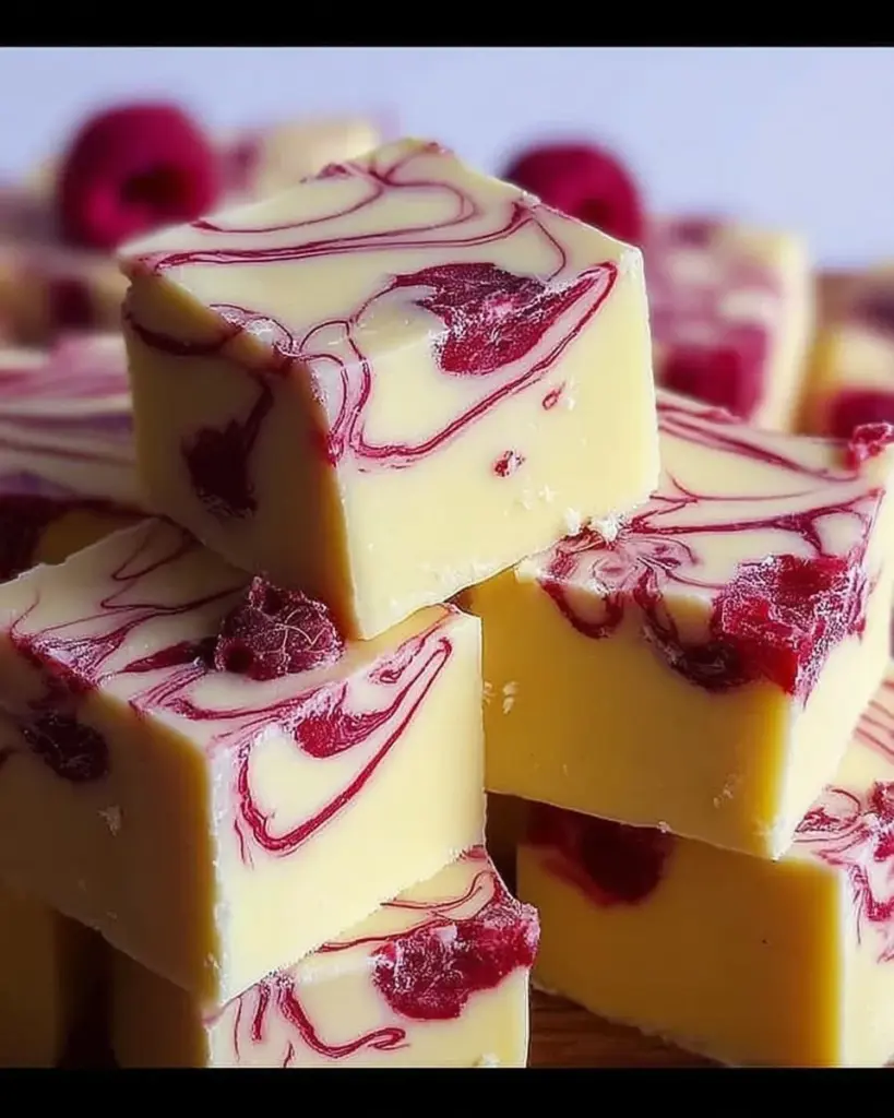 Delicious white chocolate raspberry fudge with vibrant raspberry swirls