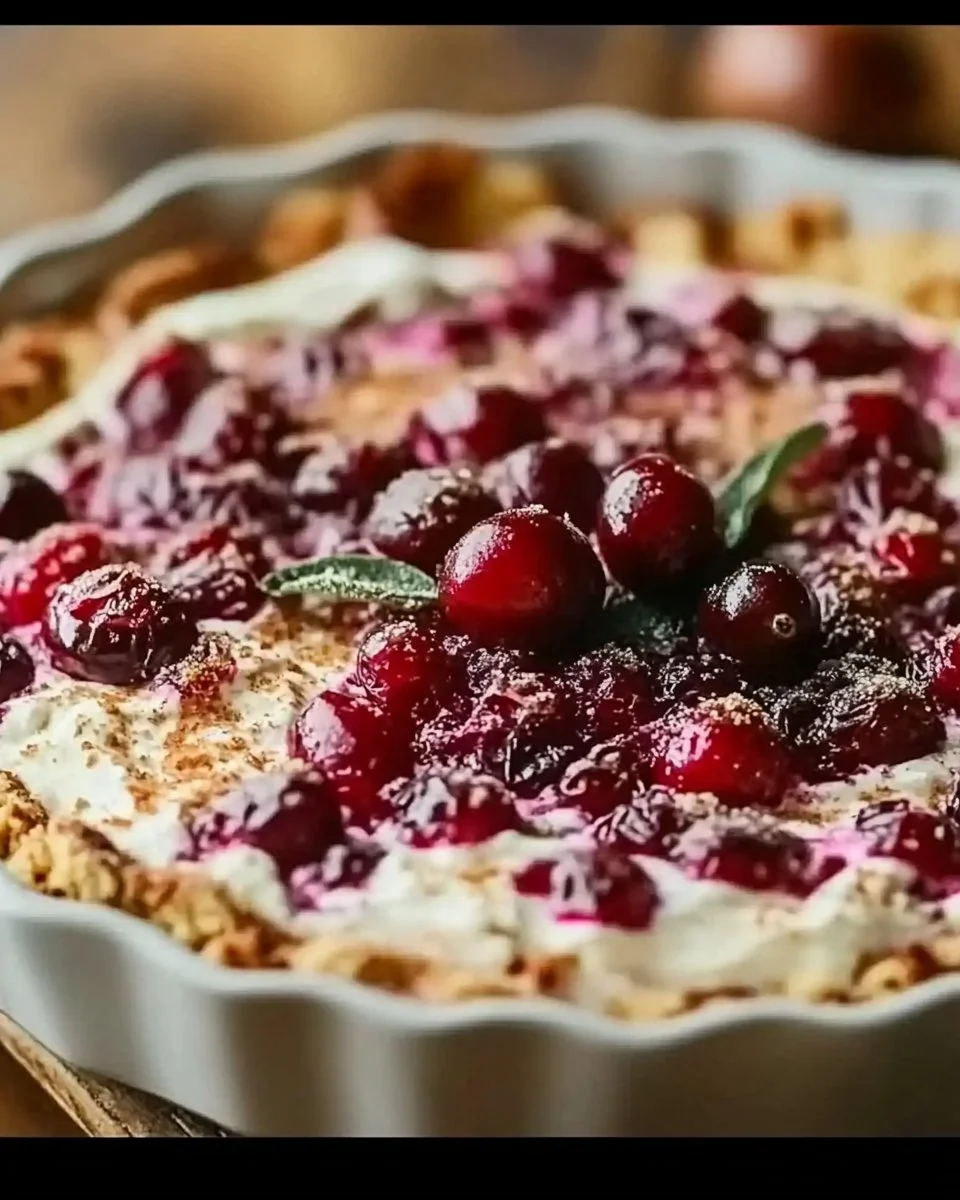 Baked cranberry cream cheese dip served in a dish, garnished with herbs