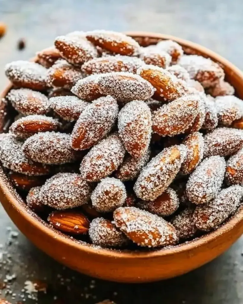 Bowl of sweet candied almonds coated with cinnamon and sugar