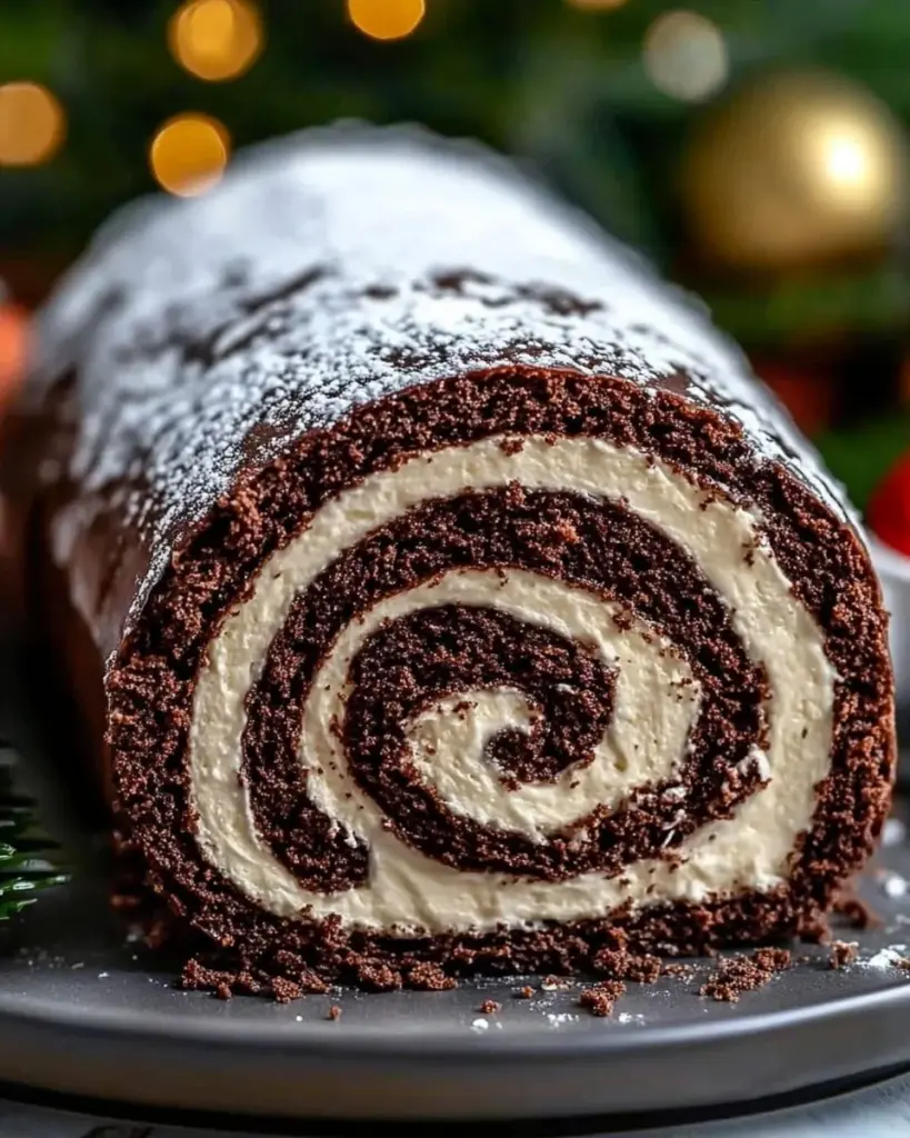 Chocolate Yule Log Cake decorated for festive holidays