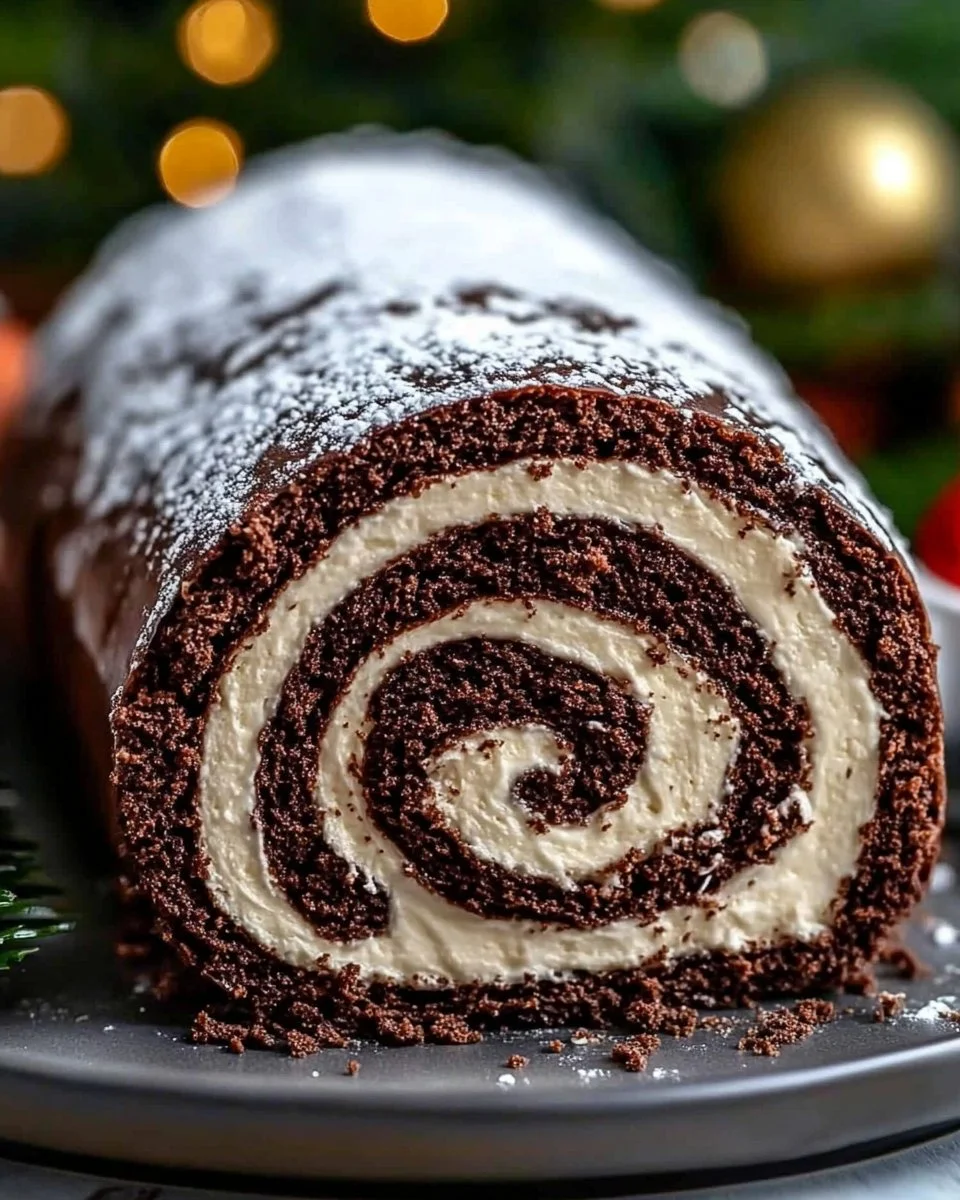 Chocolate Yule Log Cake decorated for festive holidays
