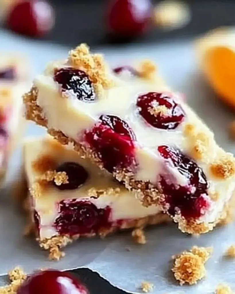 Delicious cranberry bliss bars with cream cheese frosting and dried cranberries.
