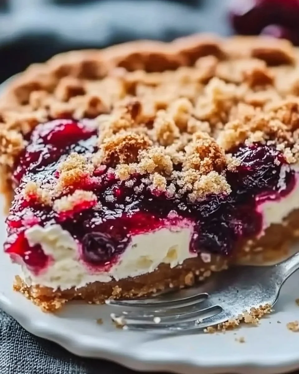 Delicious Cranberry Cream Cheese Pie with crumb topping served on a plate