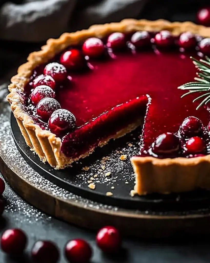 Delicious cranberry curd tart topped with fresh cranberries and a flaky crust