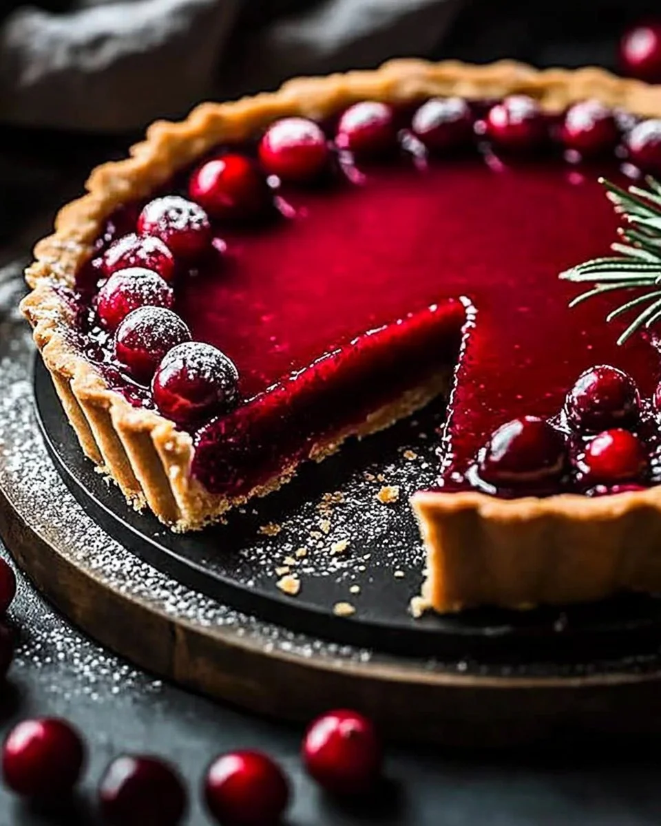 Delicious cranberry curd tart topped with fresh cranberries and a flaky crust