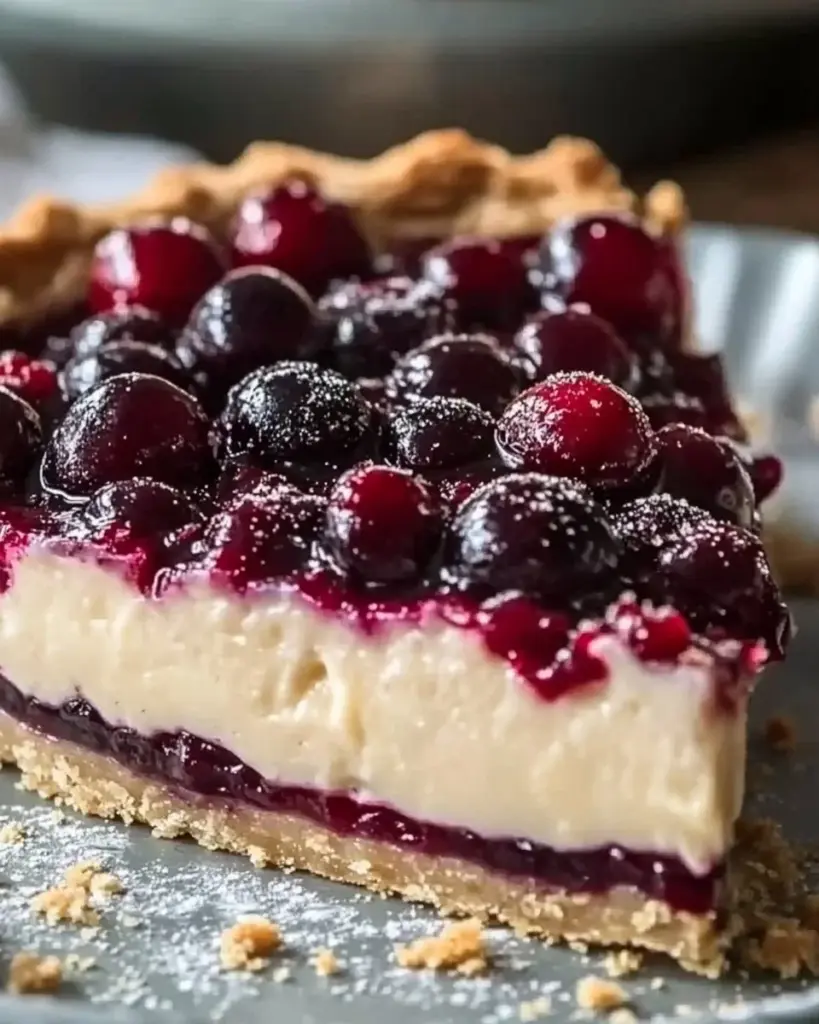 Slice of cranberry custard pie on a white plate