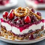 Delicious Cranberry Pretzel Salad in a glass dish