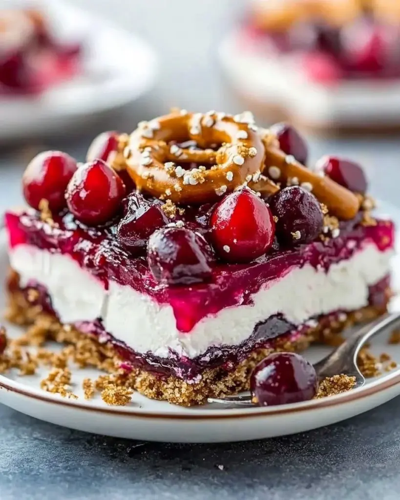 Delicious Cranberry Pretzel Salad in a glass dish