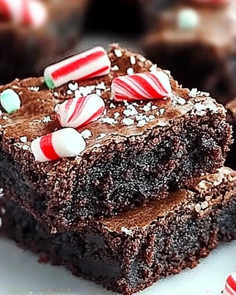 Plate of easiest ever peppermint brownies topped with mint leaves.