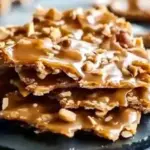 Delicious homemade peanut brittle on a wooden table