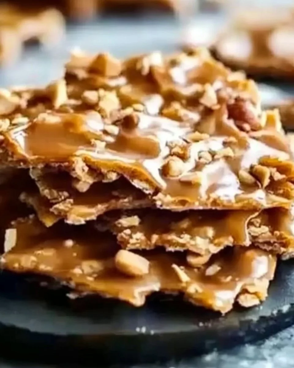 Delicious homemade peanut brittle on a wooden table