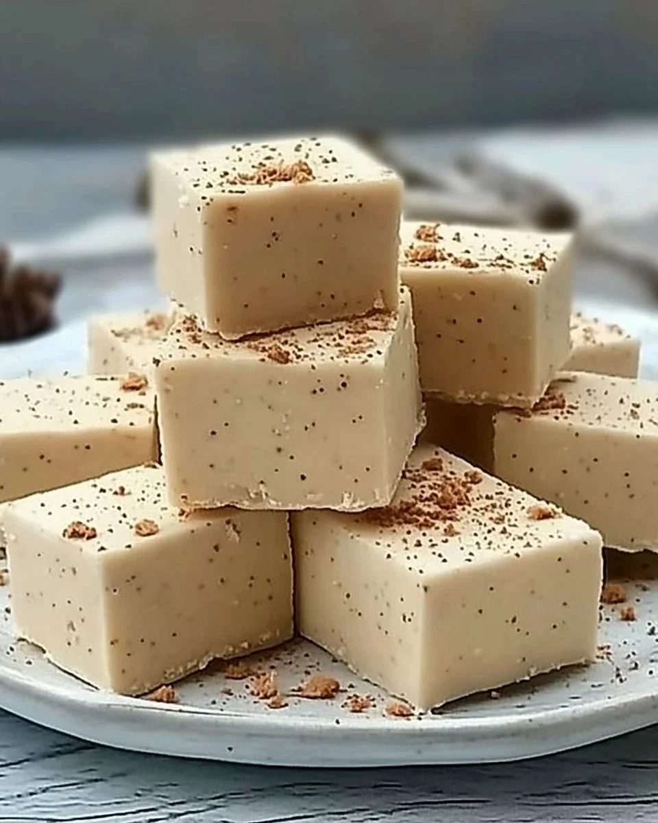 Delicious homemade Eggnog Fudge with festive holiday decorations